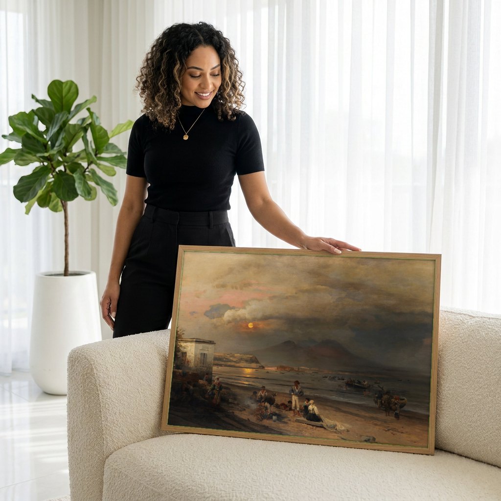 Quadro Decorativo Crepúsculo em Nápoles - Oswald Achenbach | modelo apresentando o quadro emoldurado
