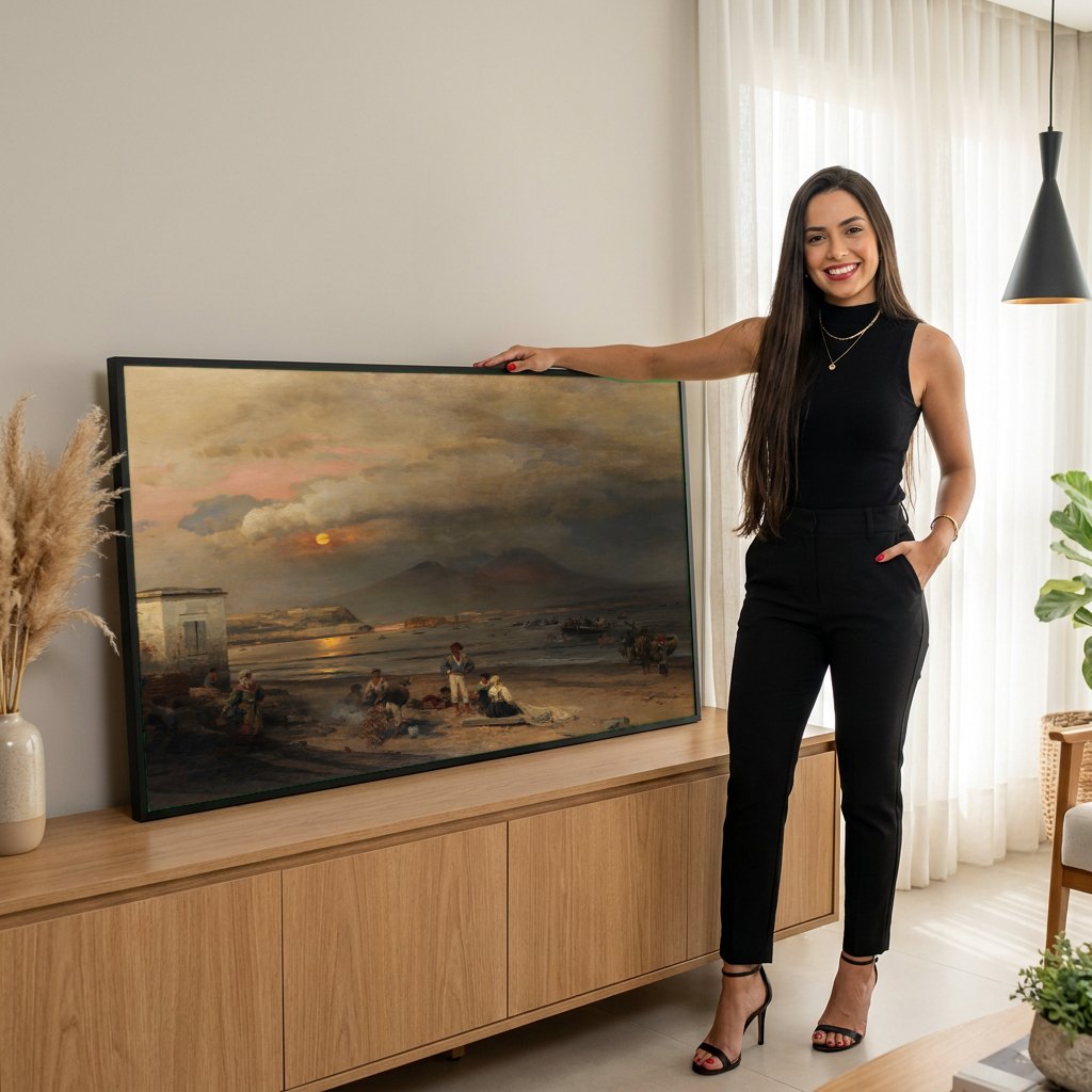 Quadro Decorativo Crepúsculo em Nápoles - Oswald Achenbach | modelo apresentando o quadro emoldurado