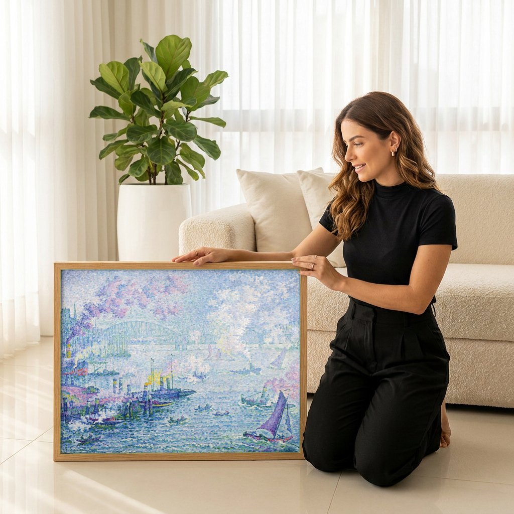Quadro Decorativo Porto com Ponte - Paul Signac | modelo apresentando o quadro emoldurado