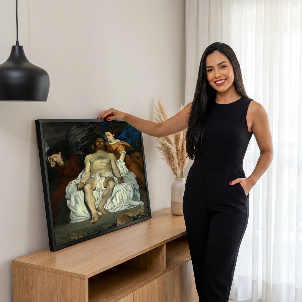 Quadro Decorativo Jesus Morto com Anjos - Manet | modelo apresentando o quadro emoldurado