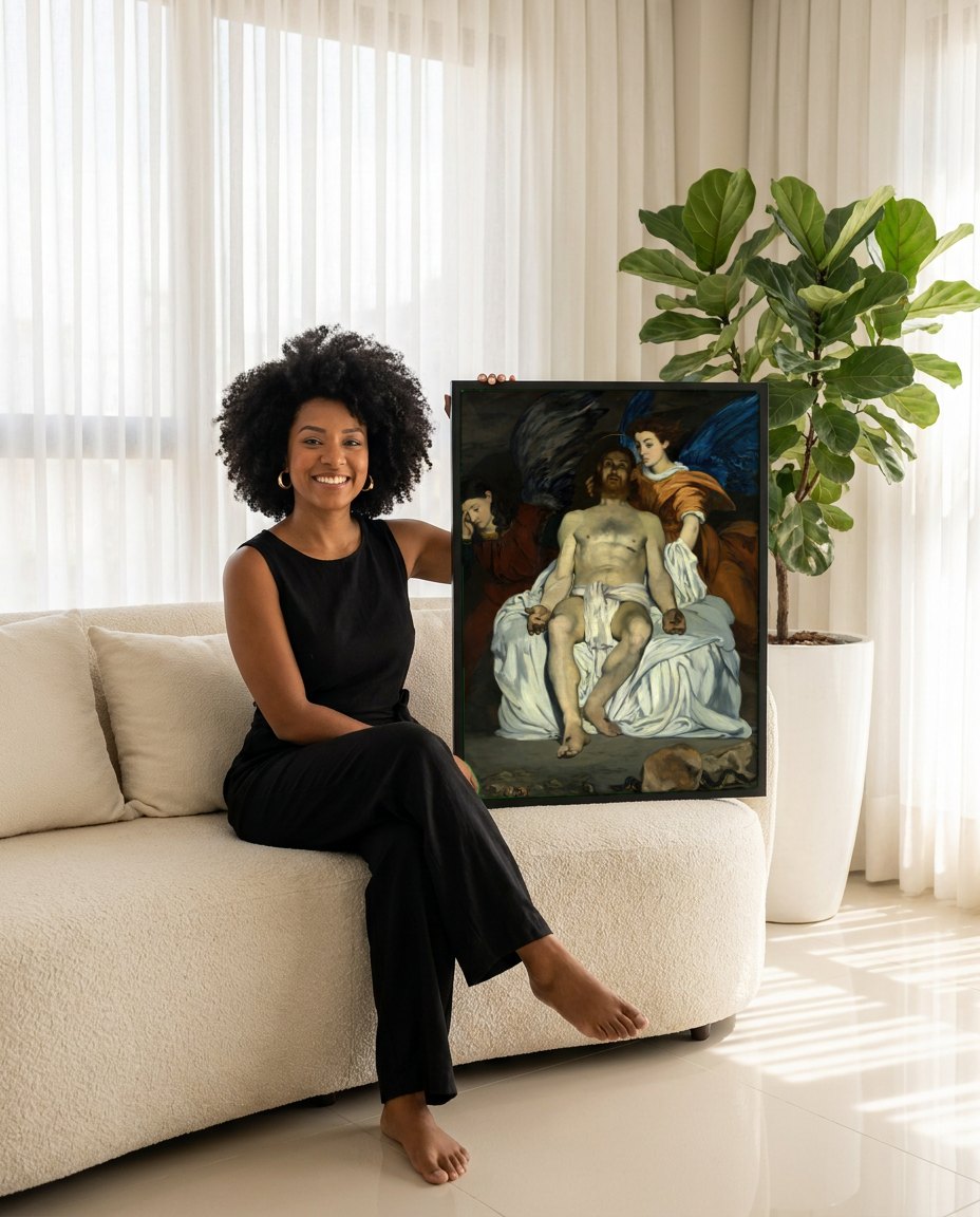 Quadro Decorativo Jesus Morto com Anjos - Manet | modelo apresentando o quadro emoldurado