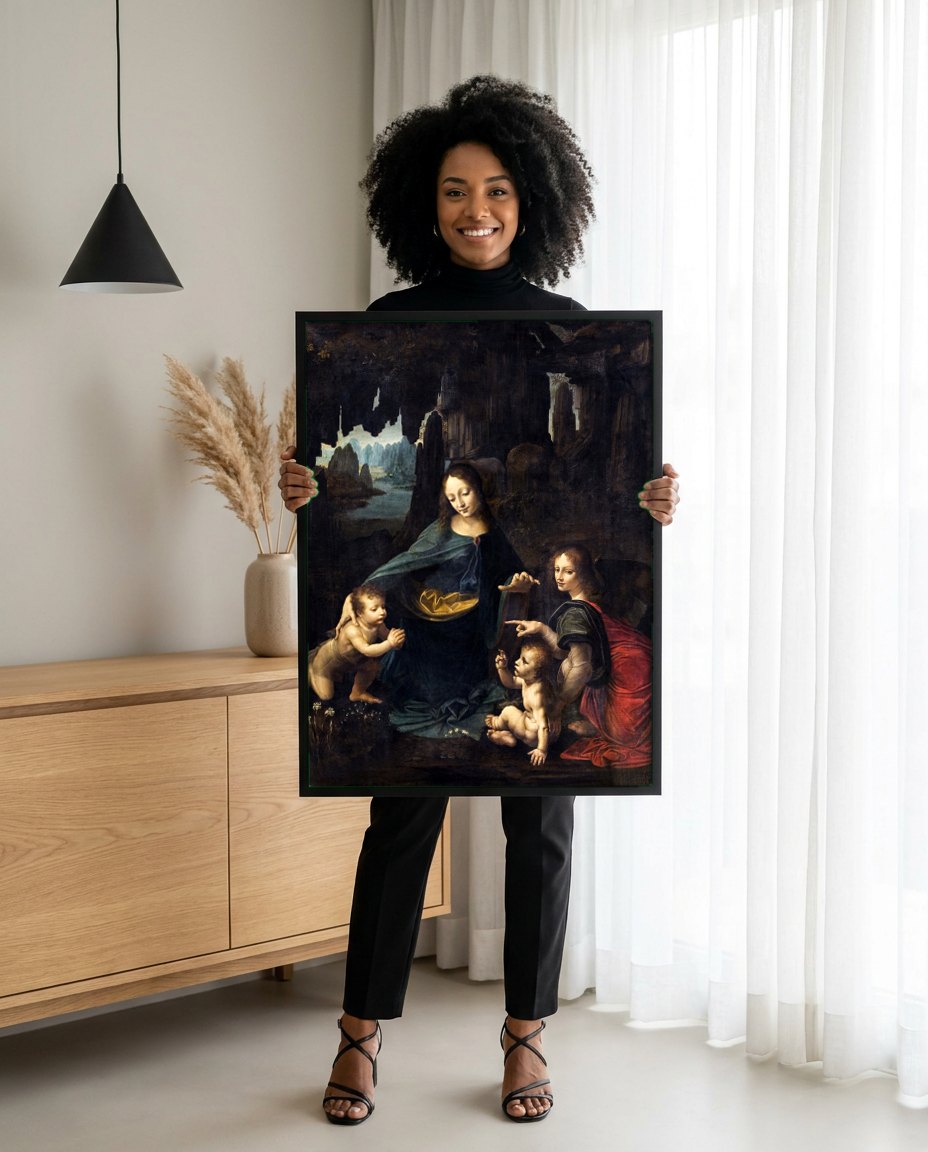 Quadro Decorativo A Virgem dos Rochedos - Da Vinci | modelo apresentando o quadro emoldurado