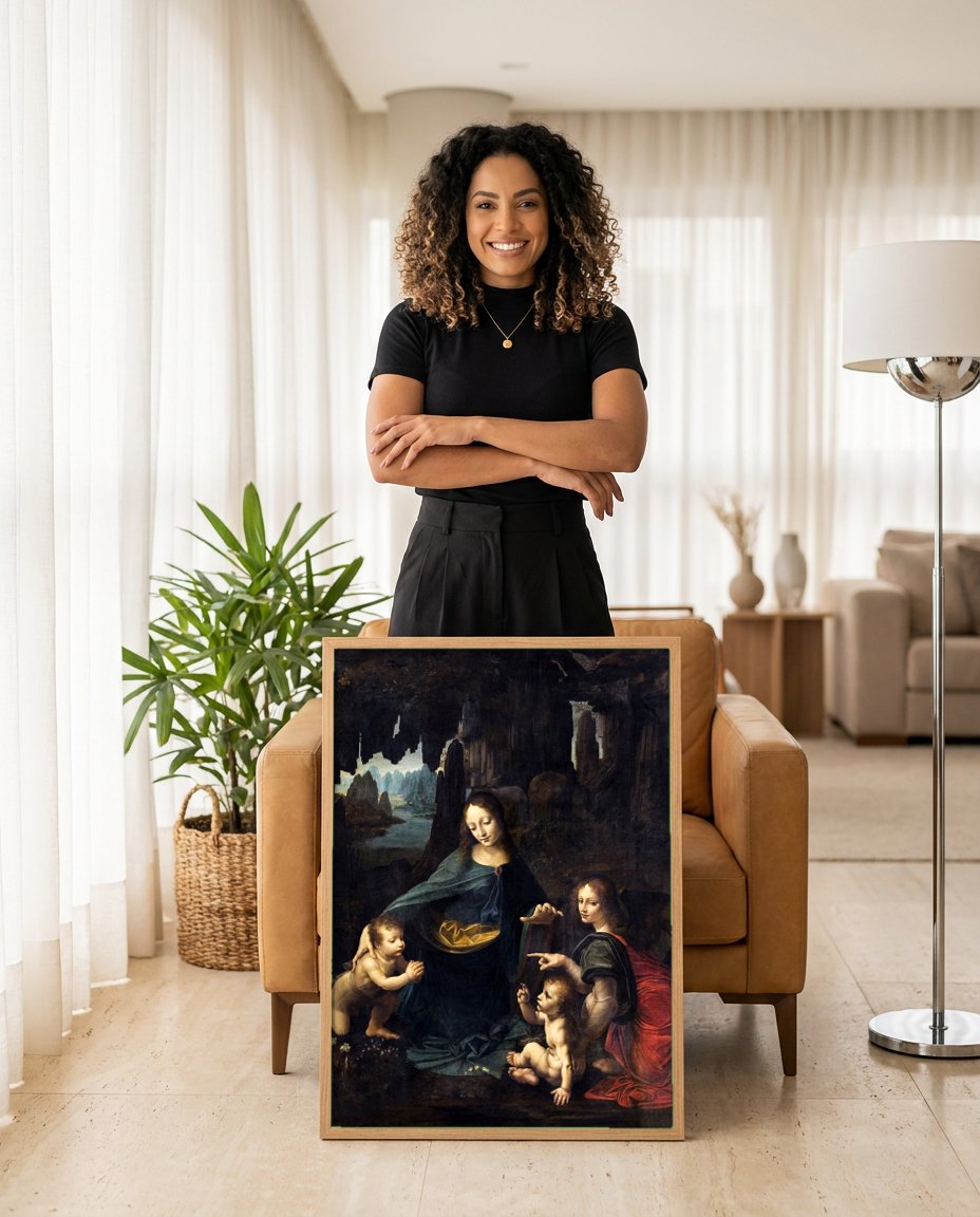 Quadro Decorativo A Virgem dos Rochedos - Da Vinci | modelo apresentando o quadro emoldurado
