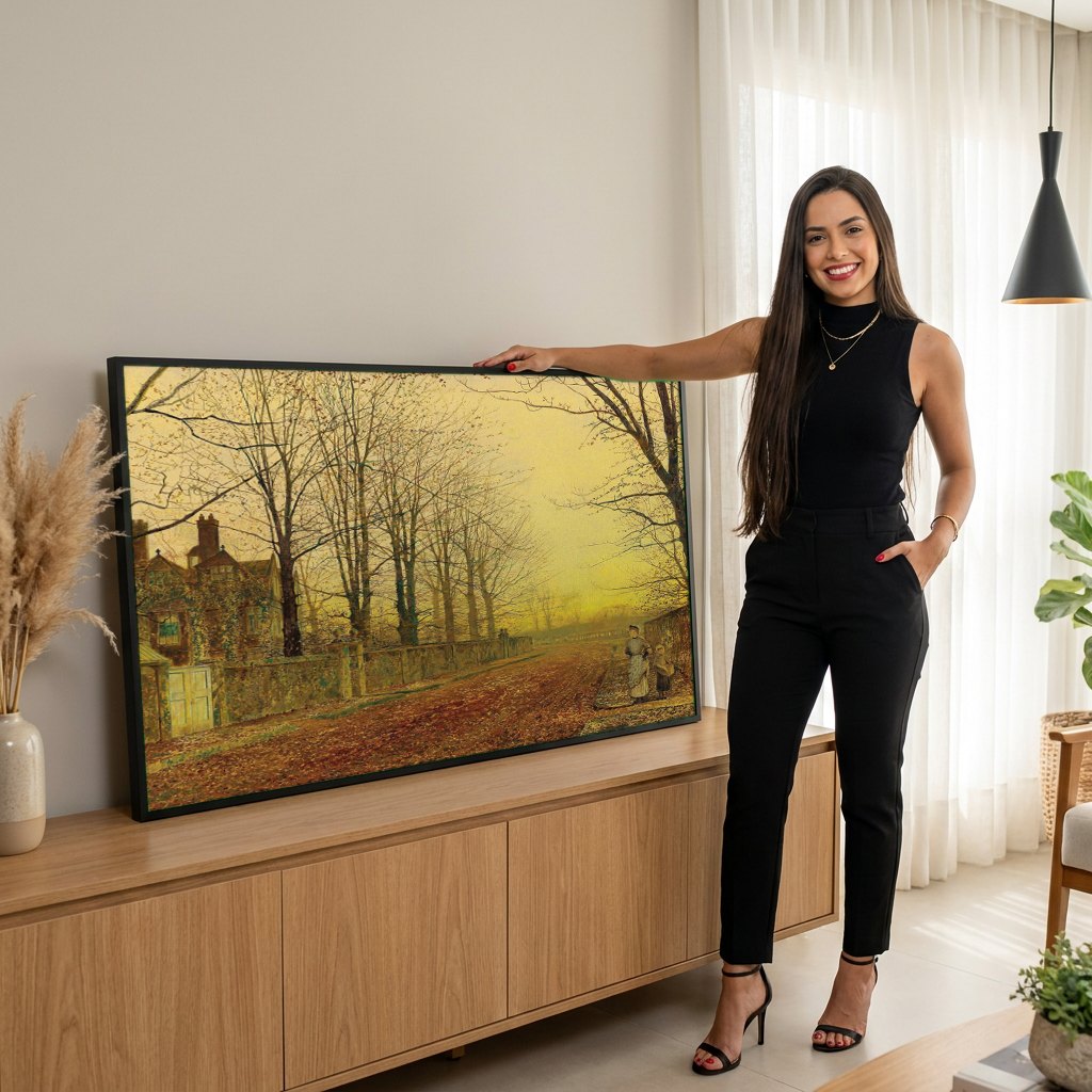 Quadro Decorativo Outono Britânico - Grimshaw | modelo apresentando o quadro emoldurado