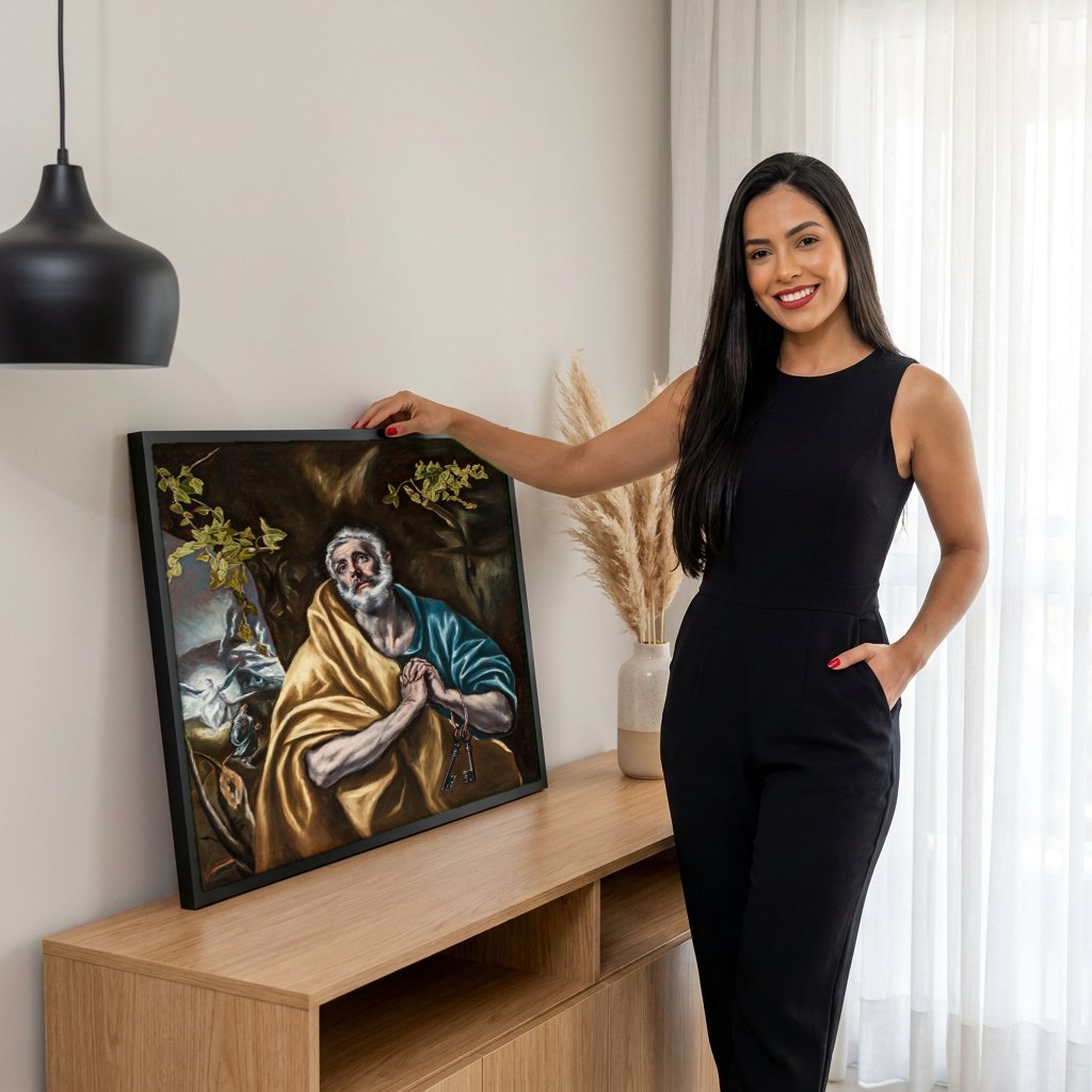 Quadro Decorativo São Pedro em Lágrimas - El Greco | modelo apresentando o quadro emoldurado