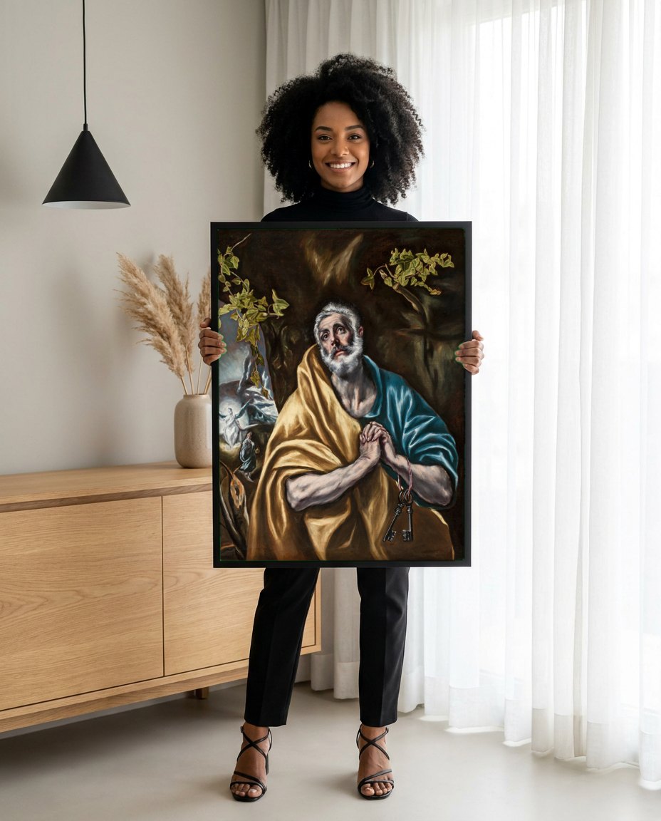 Quadro Decorativo São Pedro em Lágrimas - El Greco | modelo apresentando o quadro emoldurado
