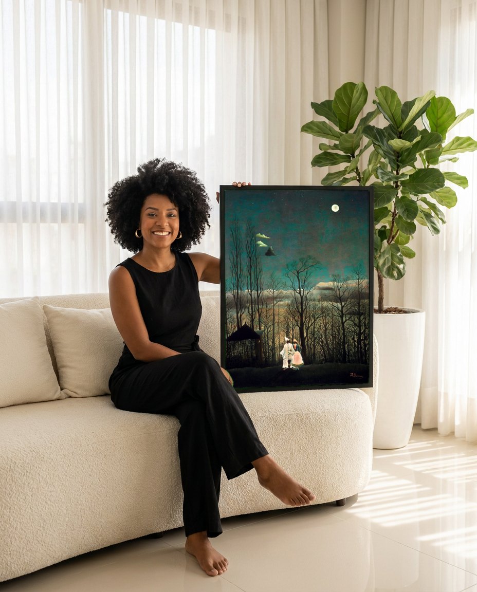 Quadro Decorativo Os Foliões - Henri Rousseau | modelo apresentando o quadro emoldurado