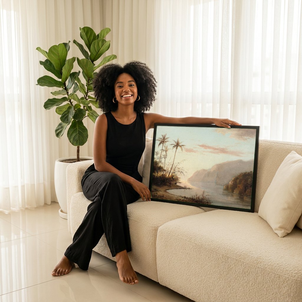 Quadro Decorativo Paisagem Tropical - Pissarro | modelo apresentando o quadro emoldurado