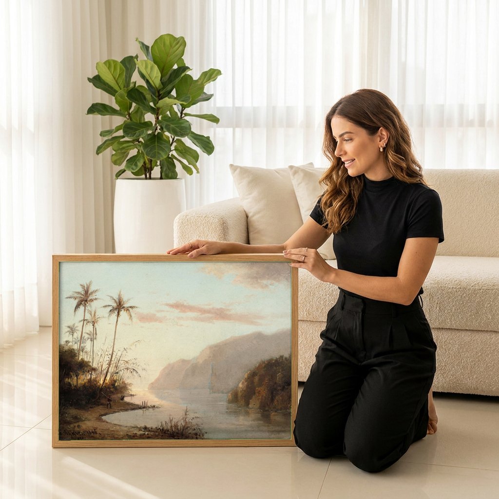 Quadro Decorativo Paisagem Tropical - Pissarro | modelo apresentando o quadro emoldurado