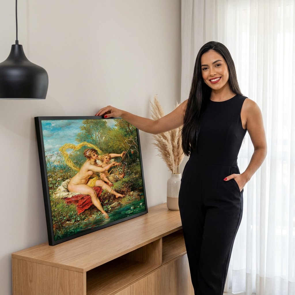 Quadro Decorativo A Oferta de Amor - Hans Zatzka | modelo apresentando o quadro emoldurado