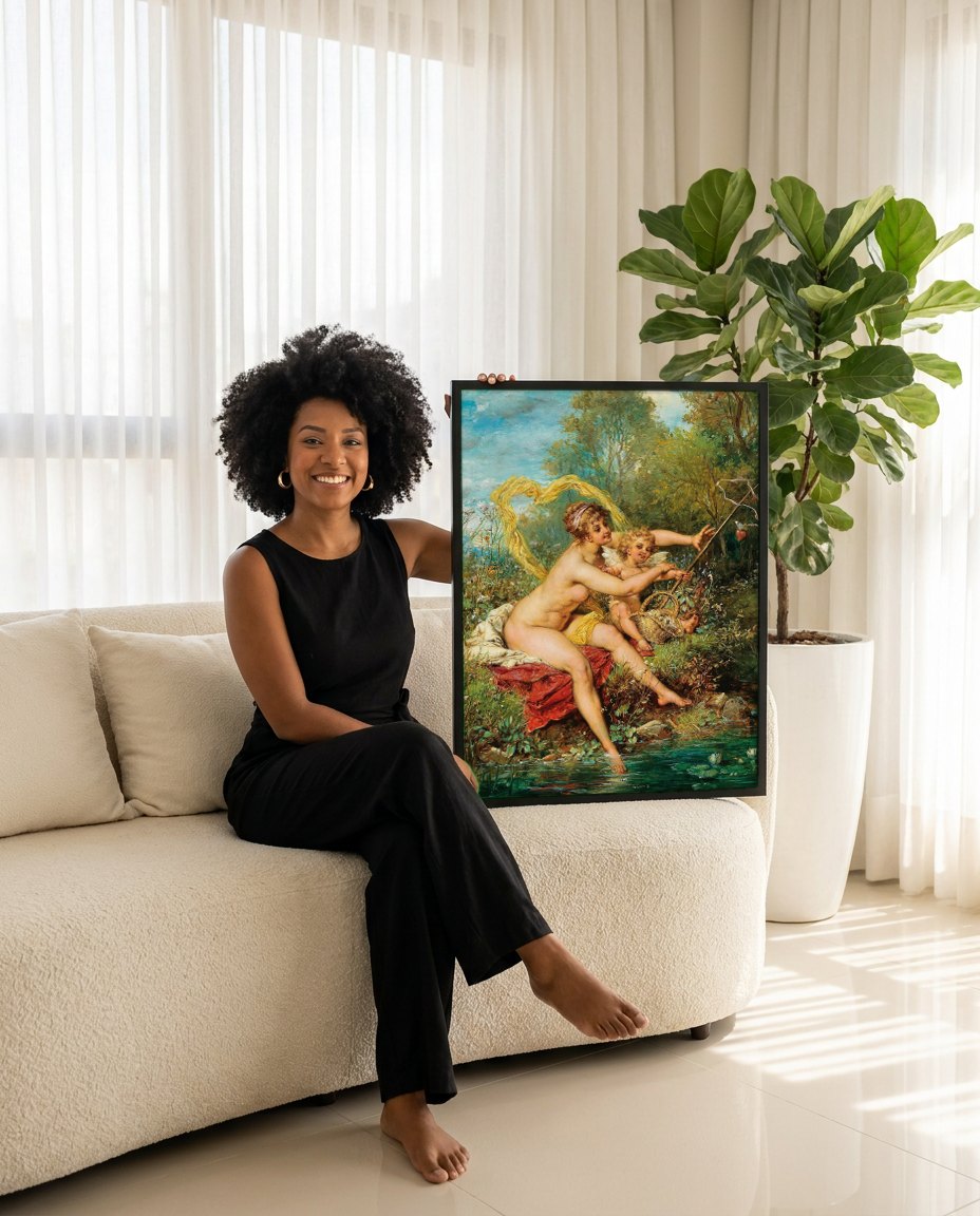 Quadro Decorativo A Oferta de Amor - Hans Zatzka | modelo apresentando o quadro emoldurado