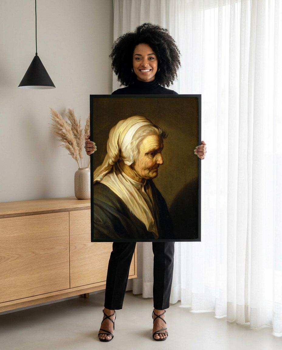 Quadro Decorativo Retrato de Mulher Idosa - Abraham Bloemaert | modelo apresentando o quadro emoldurado