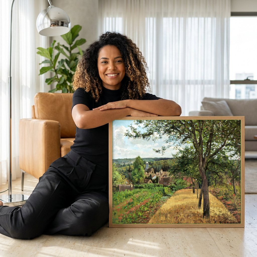 Quadro Decorativo A Colheita de Ervilhas - Pissarro | modelo apresentando o quadro emoldurado