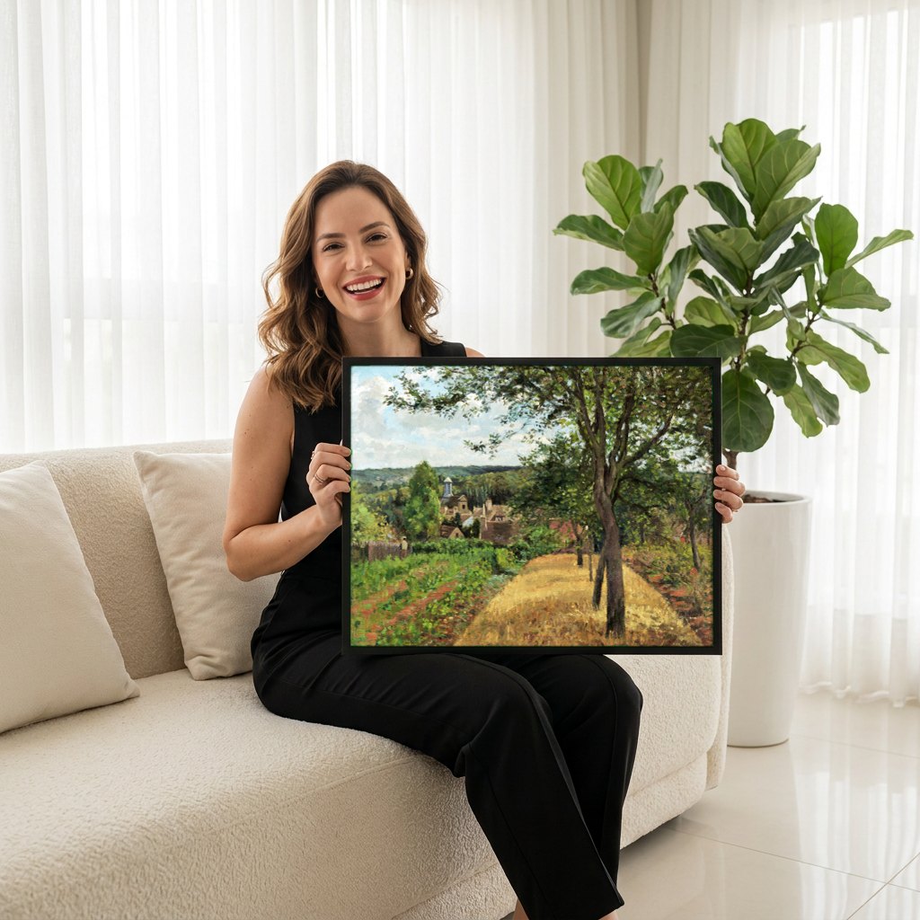 Quadro Decorativo A Colheita de Ervilhas - Pissarro | modelo apresentando o quadro emoldurado