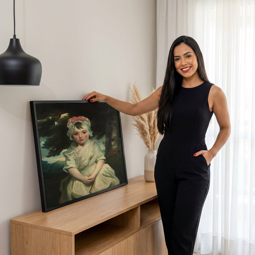 Quadro Decorativo A Menina com Touca Rosa - Reynolds | modelo apresentando o quadro emoldurado