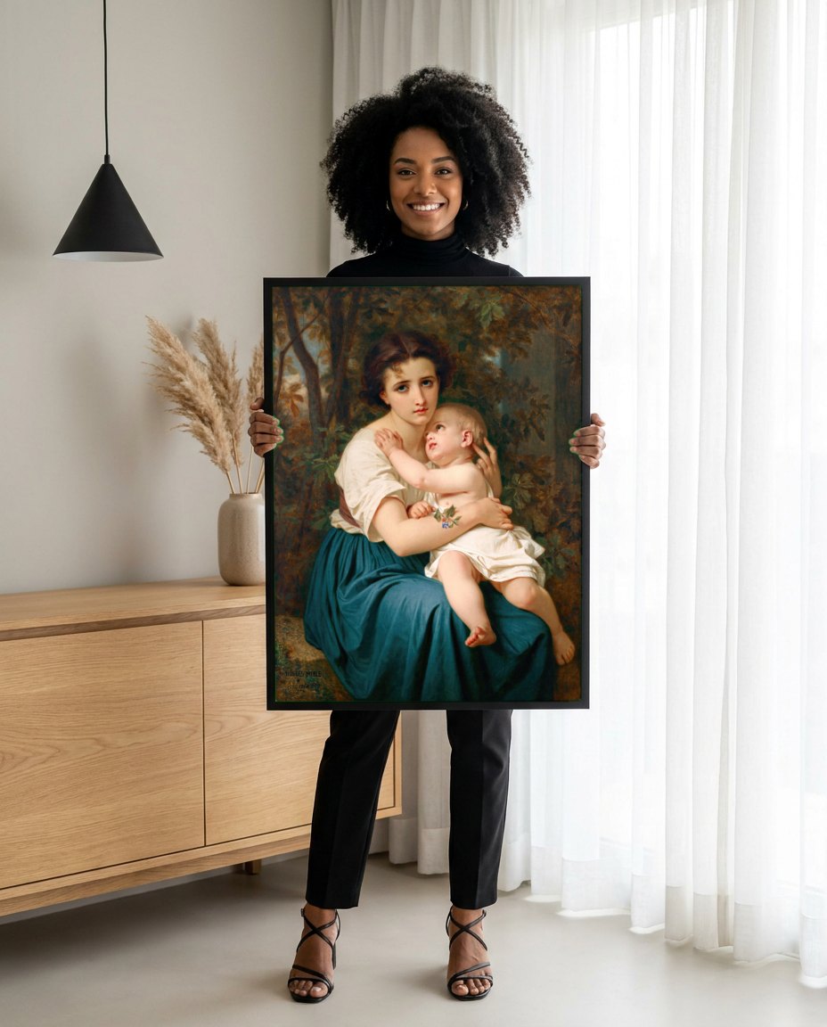Quadro Decorativo A Mãe e o Filho - Hugues Merle | modelo apresentando o quadro emoldurado