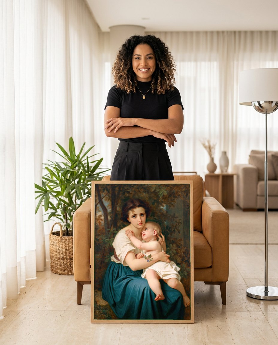 Quadro Decorativo A Mãe e o Filho - Hugues Merle | modelo apresentando o quadro emoldurado