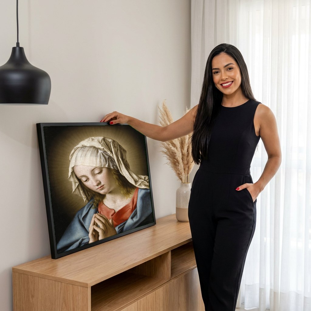 Quadro Decorativo A Virgem em Oração - Sassoferrato | modelo apresentando o quadro emoldurado