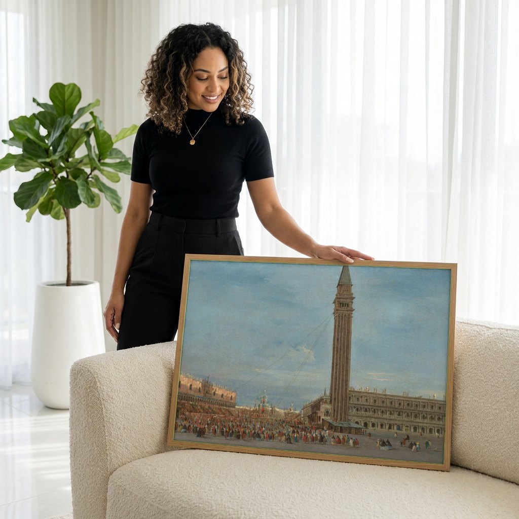 Quadro Decorativo A Praça de São Marcos - Francesco Guardi | modelo apresentando o quadro emoldurado