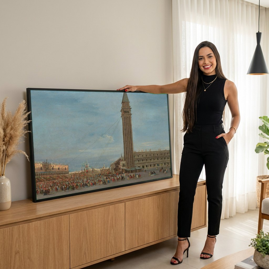 Quadro Decorativo A Praça de São Marcos - Francesco Guardi | modelo apresentando o quadro emoldurado