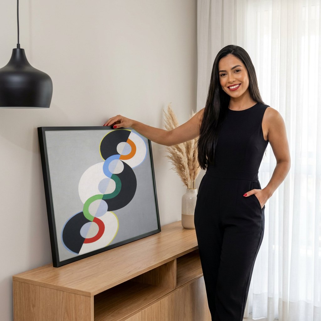 Quadro Decorativo Círculos Concêntricos - Robert Delaunay | modelo apresentando o quadro emoldurado