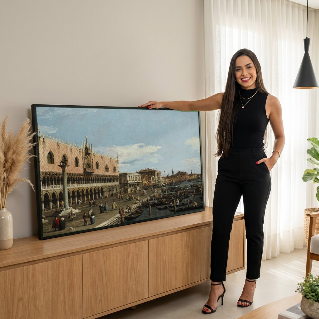 Quadro Decorativo A Praça de São Marcos, Veneza - Canaletto | modelo apresentando o quadro emoldurado