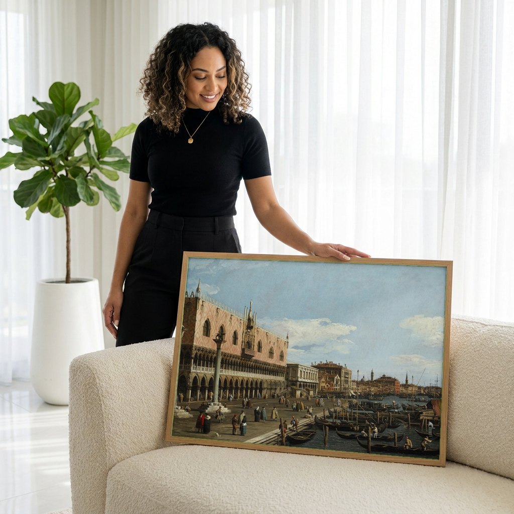 Quadro Decorativo A Praça de São Marcos, Veneza - Canaletto | modelo apresentando o quadro emoldurado