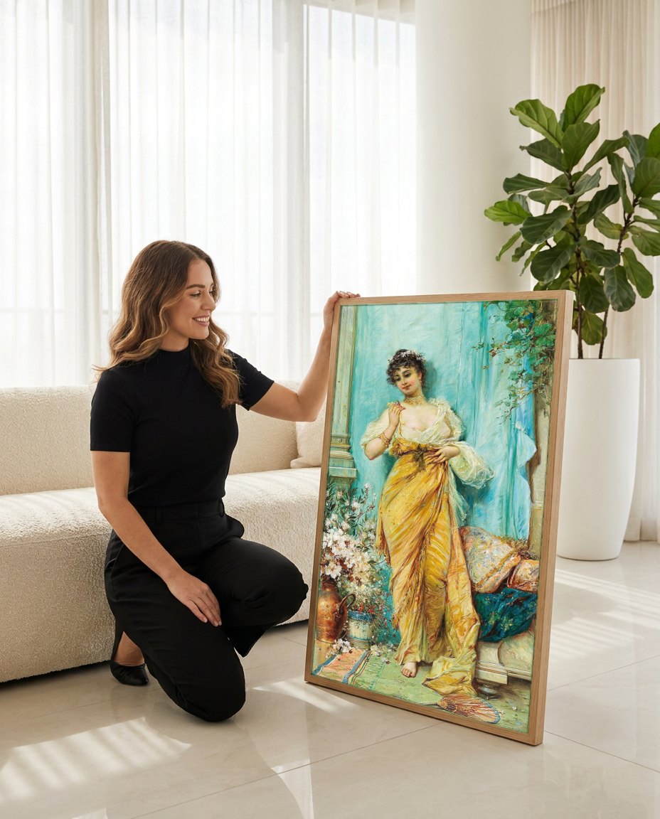 Quadro Decorativo A Mulher Oriental - Hans Zatzka | modelo apresentando o quadro emoldurado
