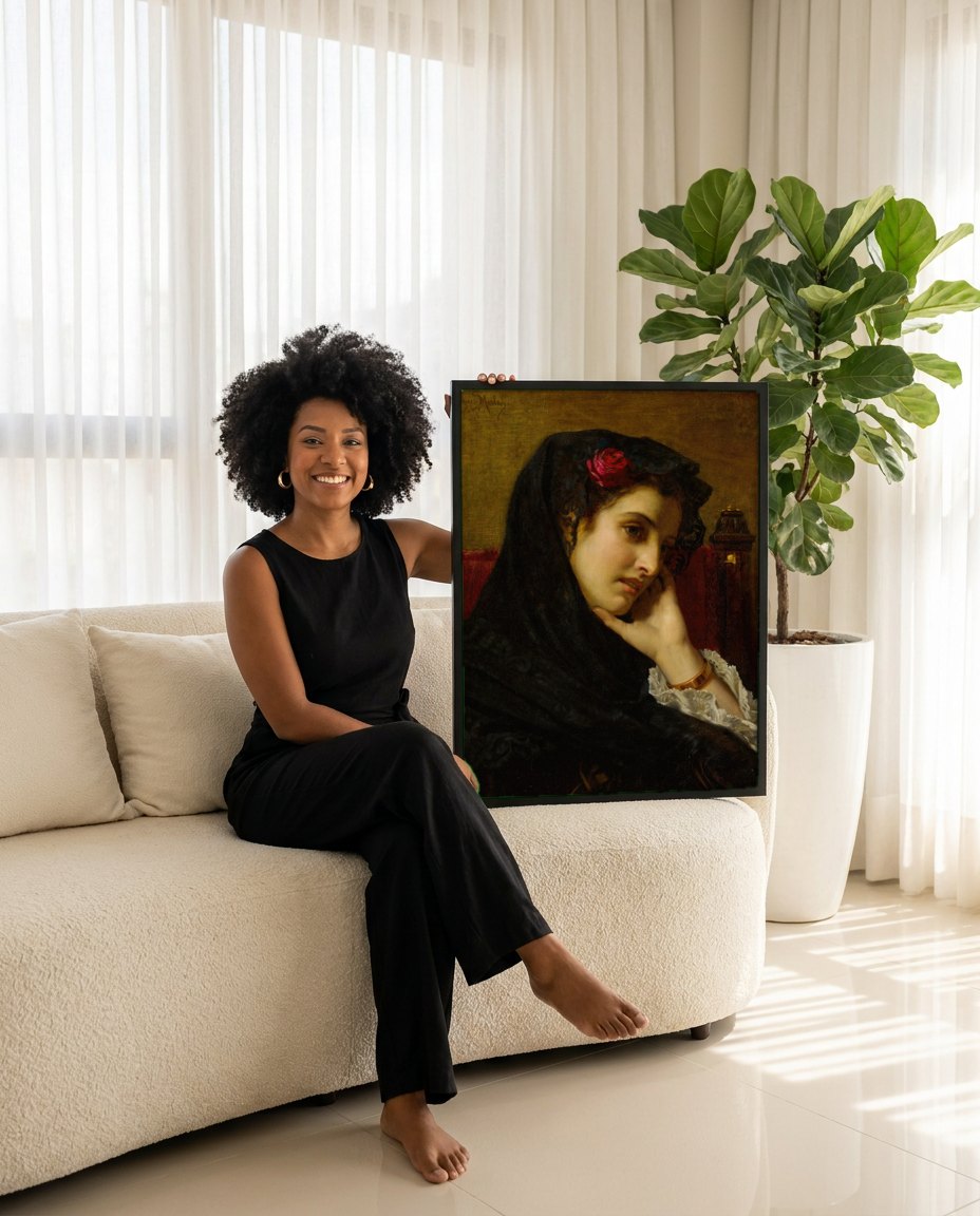 Quadro Decorativo A Contemplação - Hugues Merle | modelo apresentando o quadro emoldurado