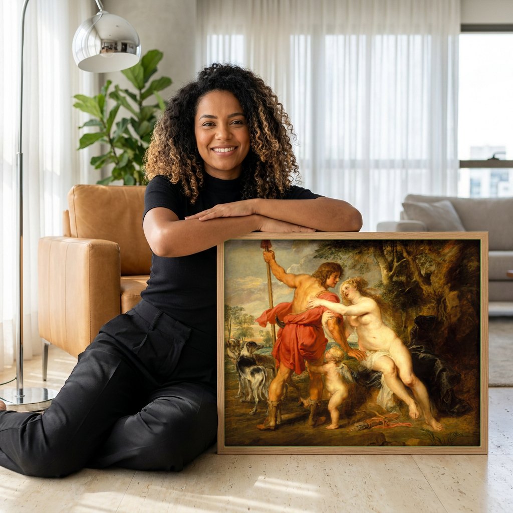 Quadro Decorativo Vênus e Adônis - Rubens | modelo apresentando o quadro emoldurado