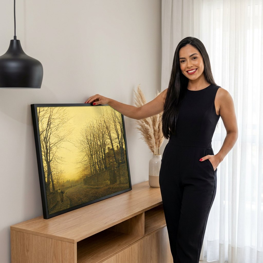 Quadro Decorativo 'Noite de Inverno' - Grimshaw | modelo apresentando o quadro emoldurado