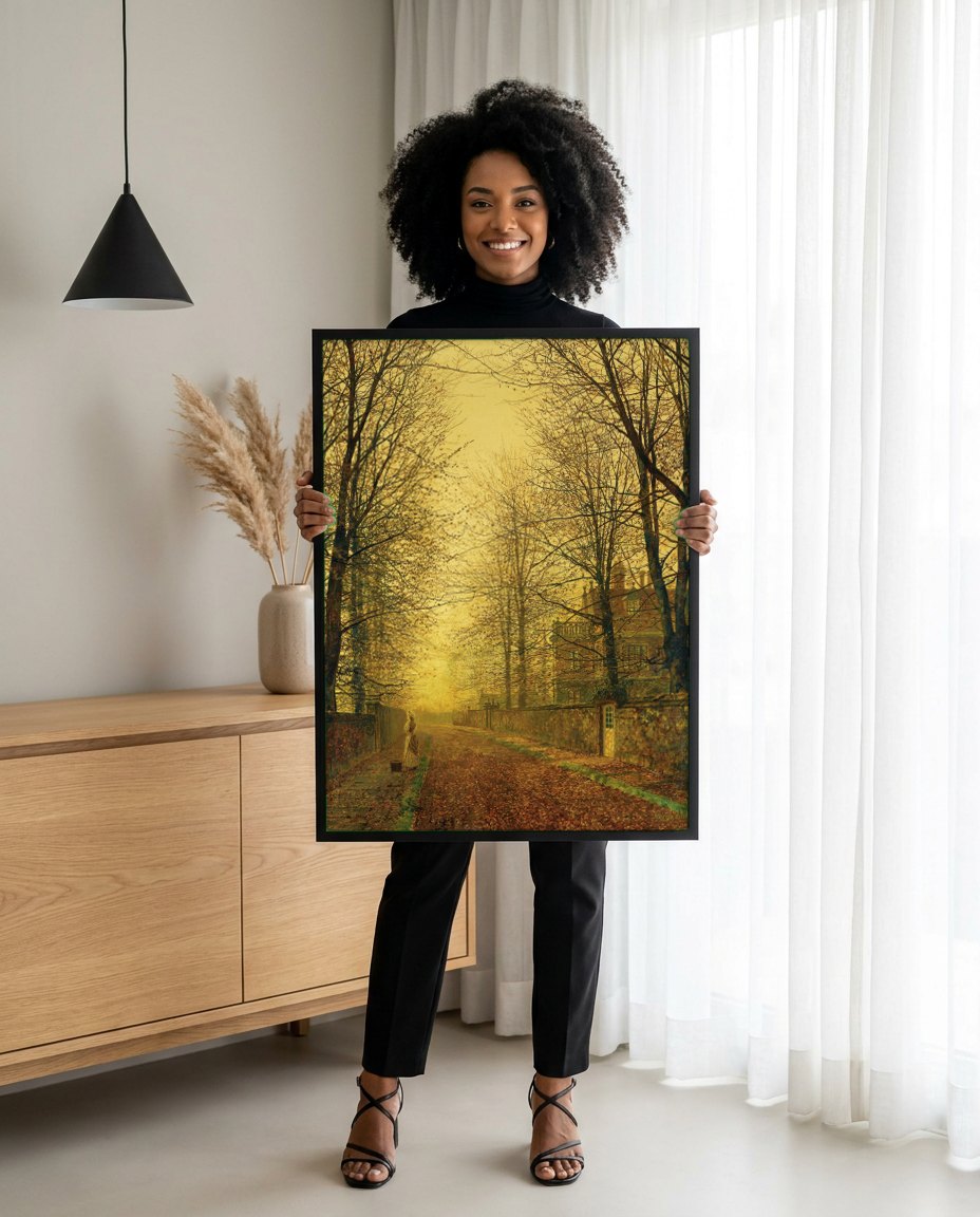 Quadro Decorativo Paisagem Outonal - Grimshaw | modelo apresentando o quadro emoldurado