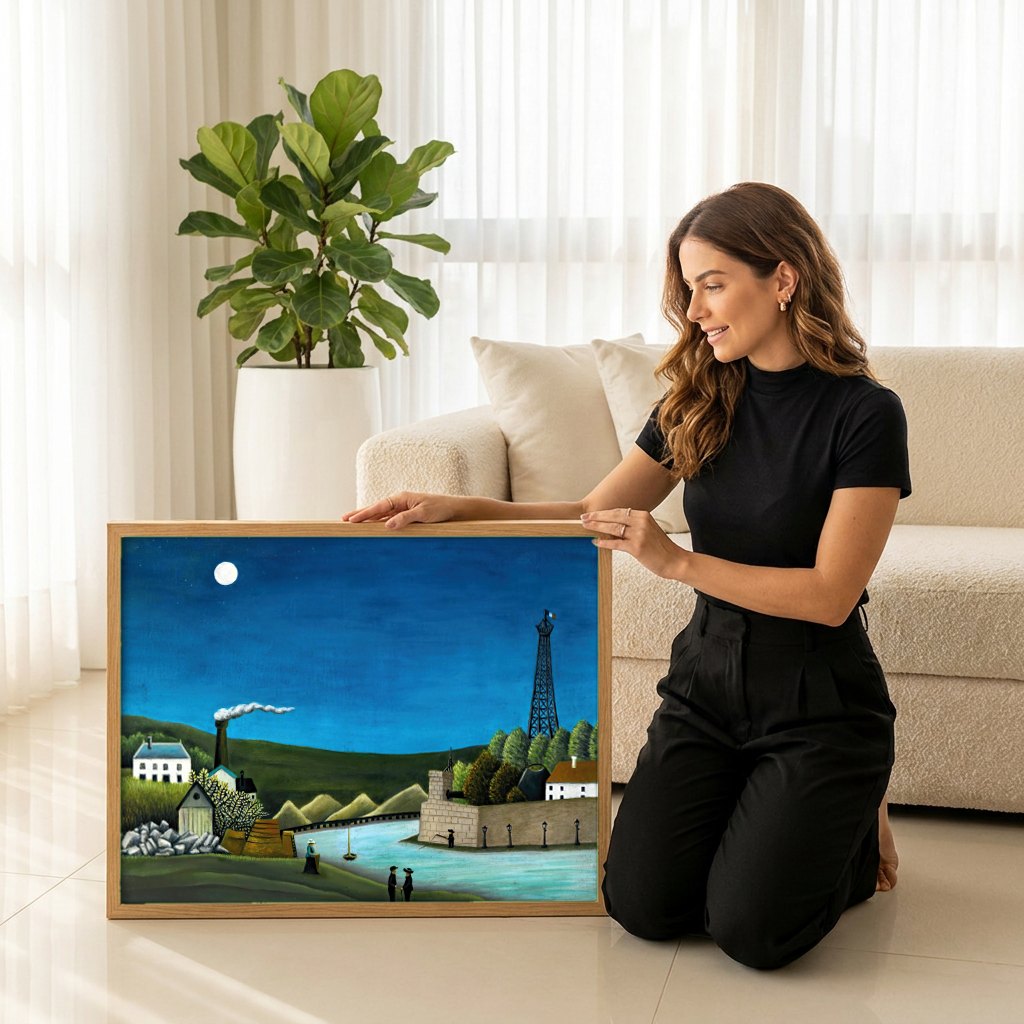 Quadro Decorativo A Ponte de Sevres e as Colinas de Saint-Cloud - Henri Rousseau | modelo apresentando o quadro emoldurado