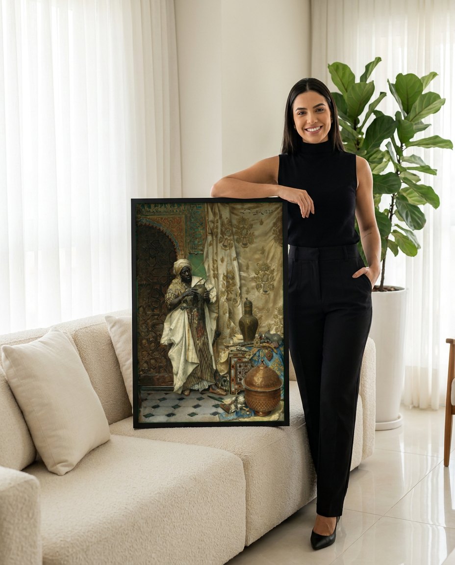 Quadro Decorativo O Escriba - Ludwig Deutsch | modelo apresentando o quadro emoldurado