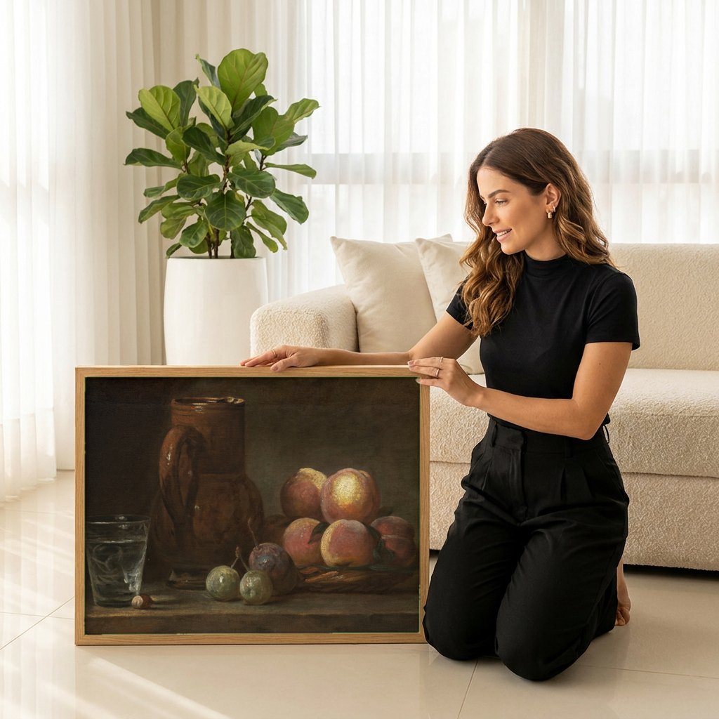 Quadro Decorativo Natureza-Morta com Pêssegos e Jarra - Chardin | modelo apresentando o quadro emoldurado
