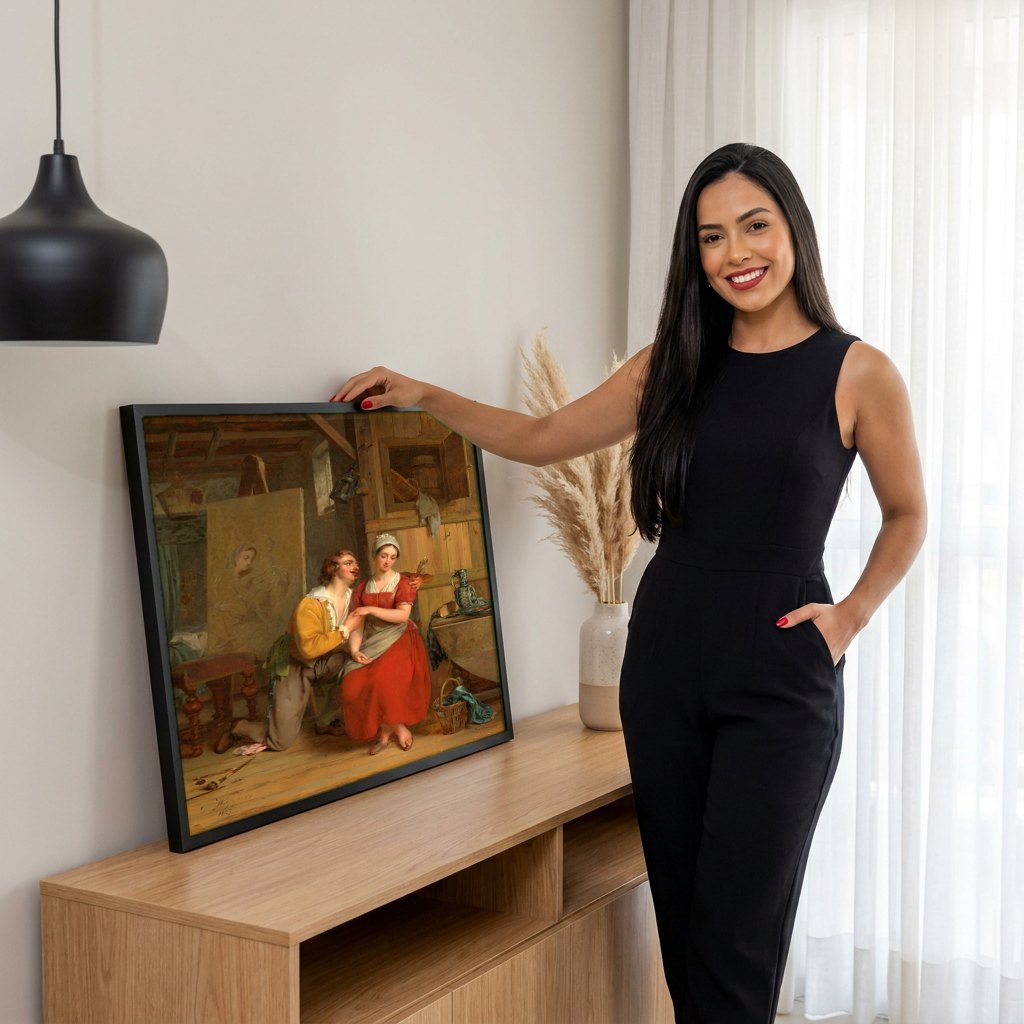 Quadro Decorativo A Oferta do Pintor - Gustaf Wappers | modelo apresentando o quadro emoldurado