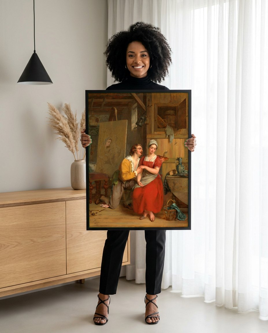 Quadro Decorativo A Oferta do Pintor - Gustaf Wappers | modelo apresentando o quadro emoldurado