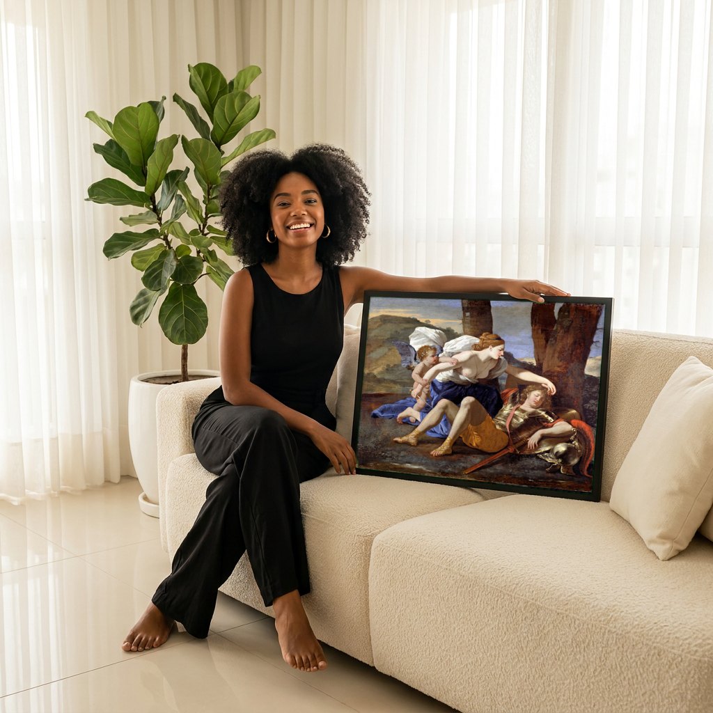 Quadro Decorativo Vênus e Adônis - Nicolas Poussin | modelo apresentando o quadro emoldurado