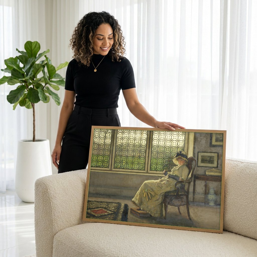 Quadro Decorativo Senhora à Janela - Grimshaw | modelo apresentando o quadro emoldurado