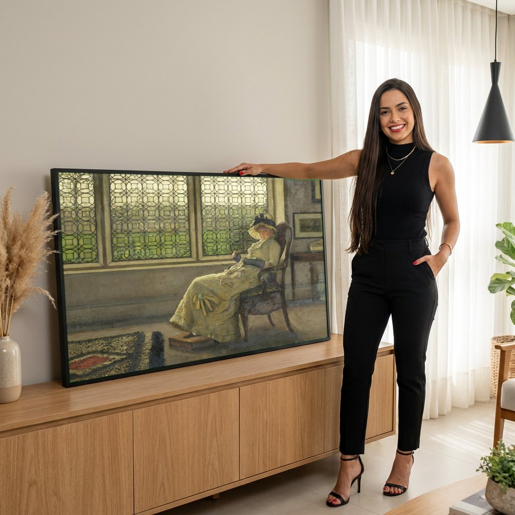 Quadro Decorativo Senhora à Janela - Grimshaw | modelo apresentando o quadro emoldurado