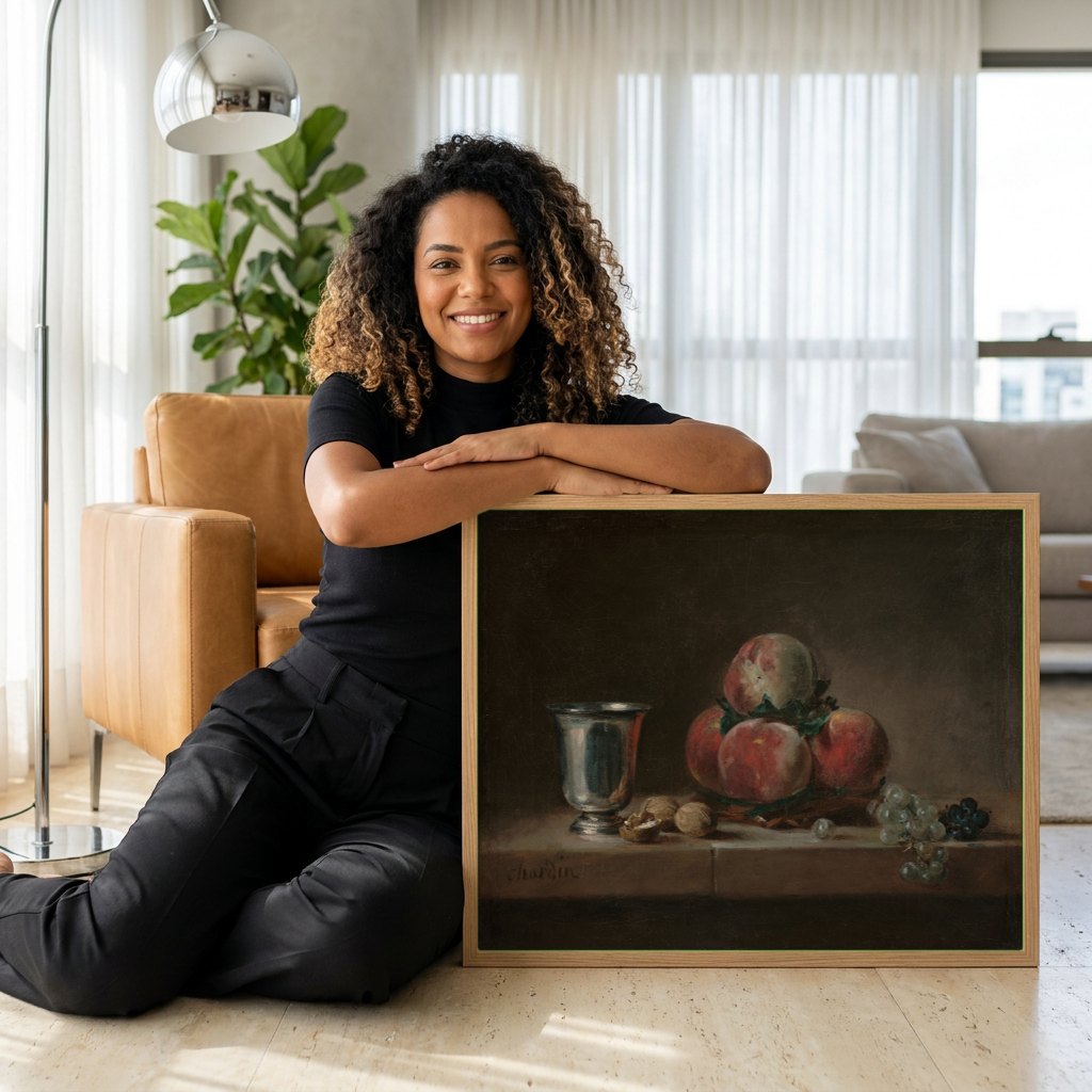 Quadro Decorativo Natureza-Morta com Pêssegos - Chardin | modelo apresentando o quadro emoldurado