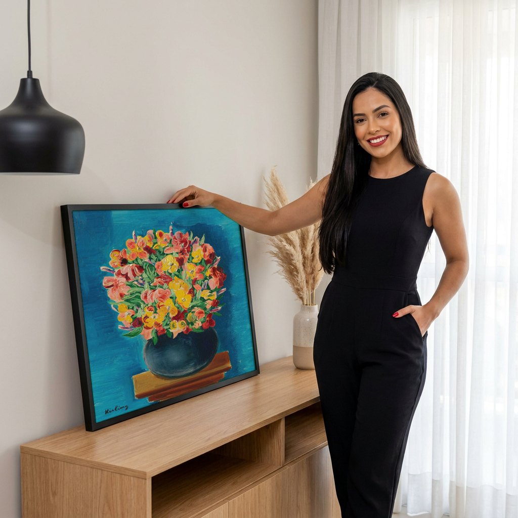 Quadro Decorativo 'Bouquet de Flores' - Moïse Kisling | modelo apresentando o quadro emoldurado