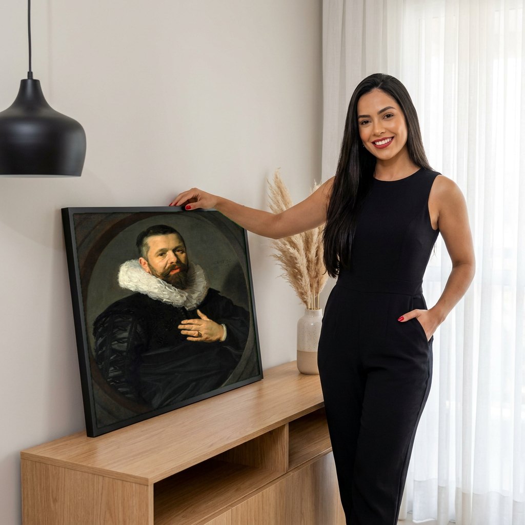 Quadro Decorativo Retrato de Homem - Frans Hals | modelo apresentando o quadro emoldurado