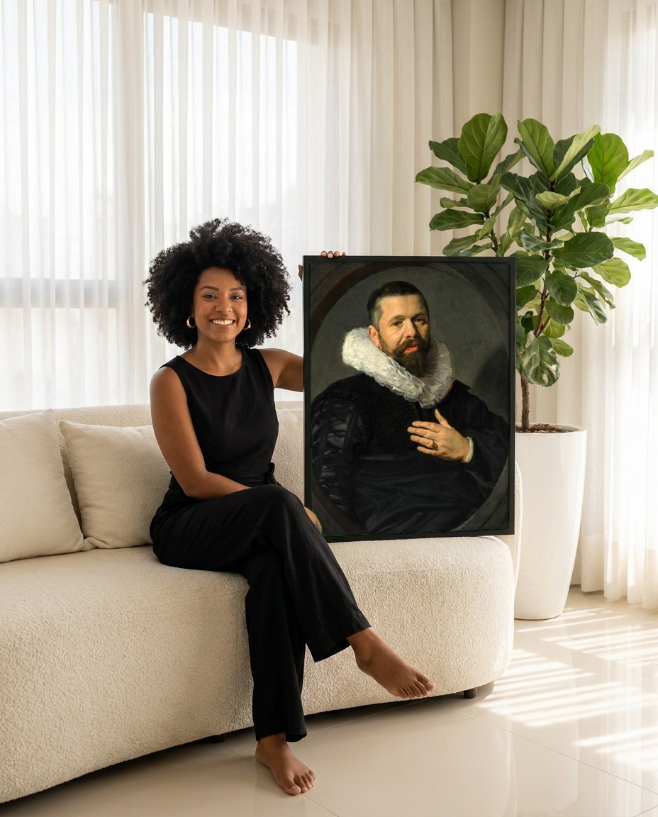 Quadro Decorativo Retrato de Homem - Frans Hals | modelo apresentando o quadro emoldurado