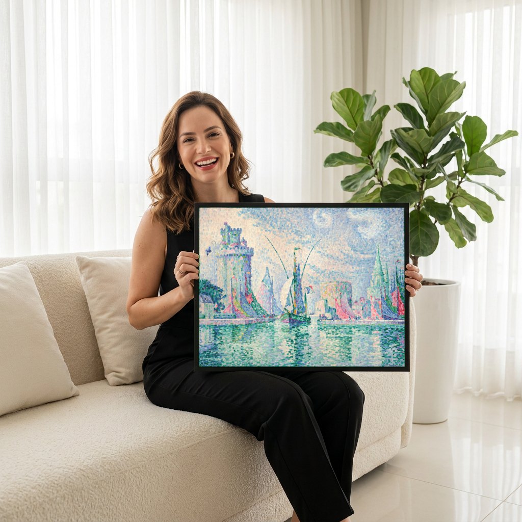 Quadro Decorativo Porto com Velas - Paul Signac | modelo apresentando o quadro emoldurado