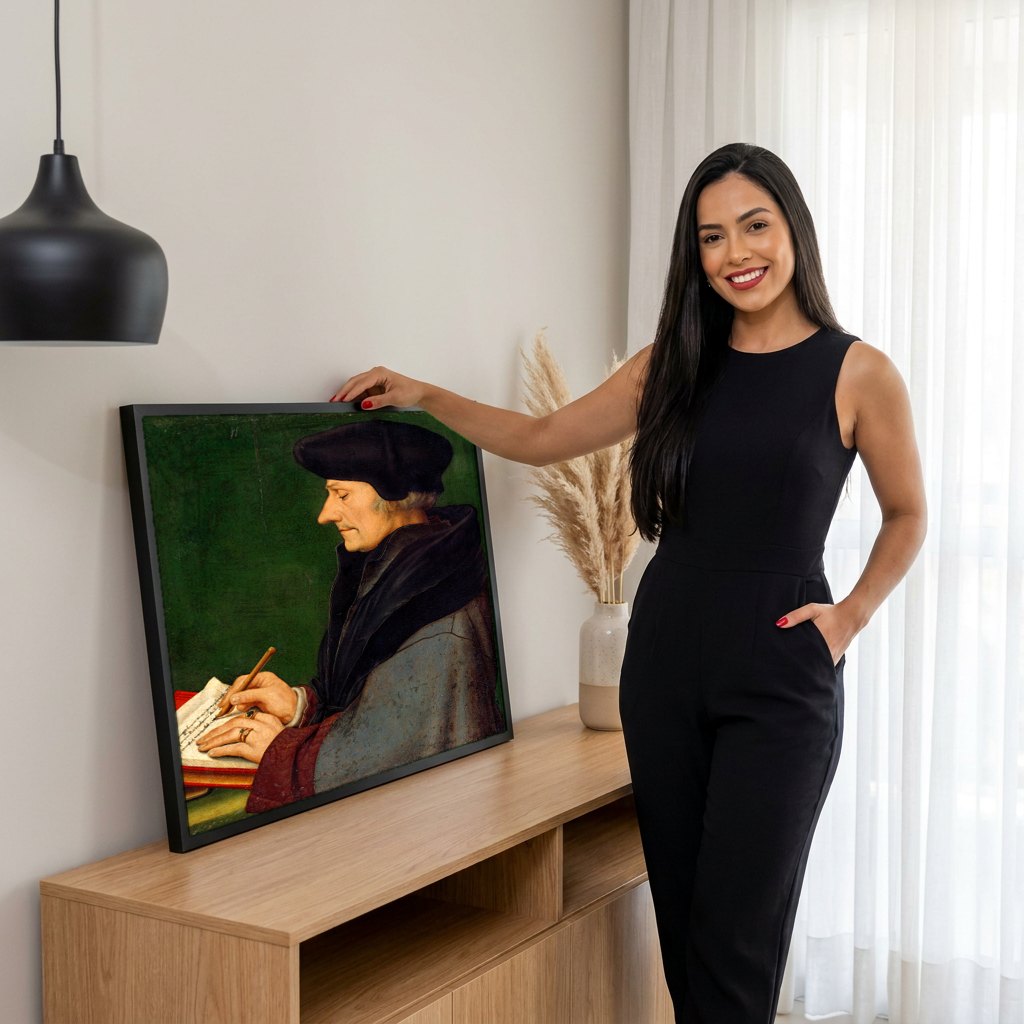 Quadro Decorativo Erasmo de Roterdã - Hans Holbein, o Jovem | modelo apresentando o quadro emoldurado