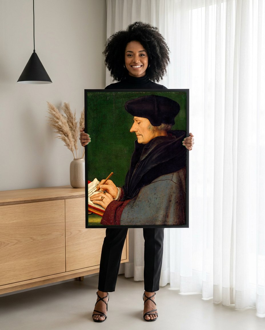 Quadro Decorativo Erasmo de Roterdã - Hans Holbein, o Jovem | modelo apresentando o quadro emoldurado