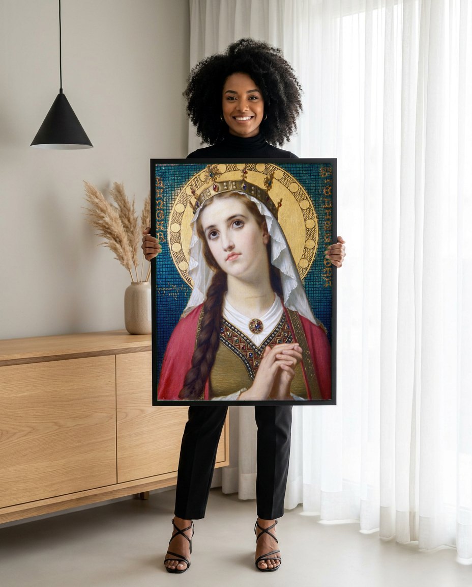 Quadro Decorativo Santa Elisabeth - Hugues Merle | modelo apresentando o quadro emoldurado