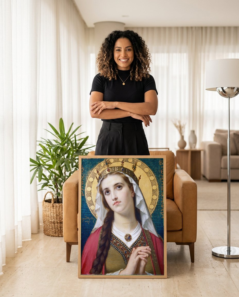 Quadro Decorativo Santa Elisabeth - Hugues Merle | modelo apresentando o quadro emoldurado
