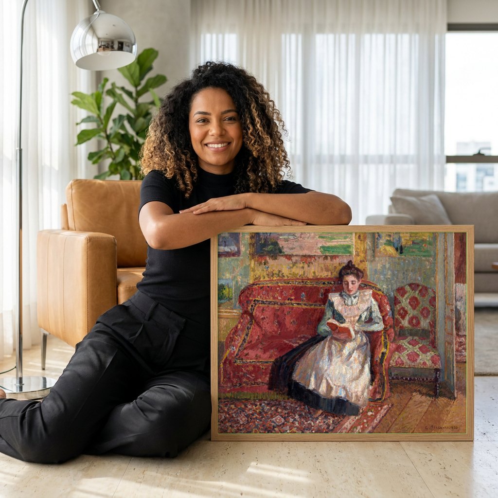 Quadro Decorativo A Leitora - Camille Pissarro | modelo apresentando o quadro emoldurado
